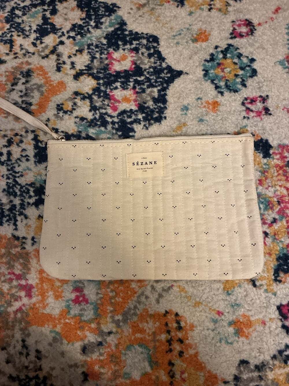 Sézane Flat Pouch Ecru Flowers Recycled Cotton Zip Clutch